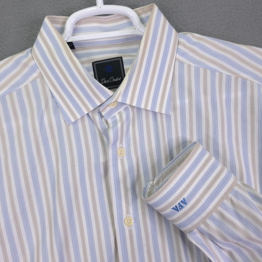 David Donahue Dress Shirt Striped Blue Tan 17.5 34/35 Cotton Button Up LS